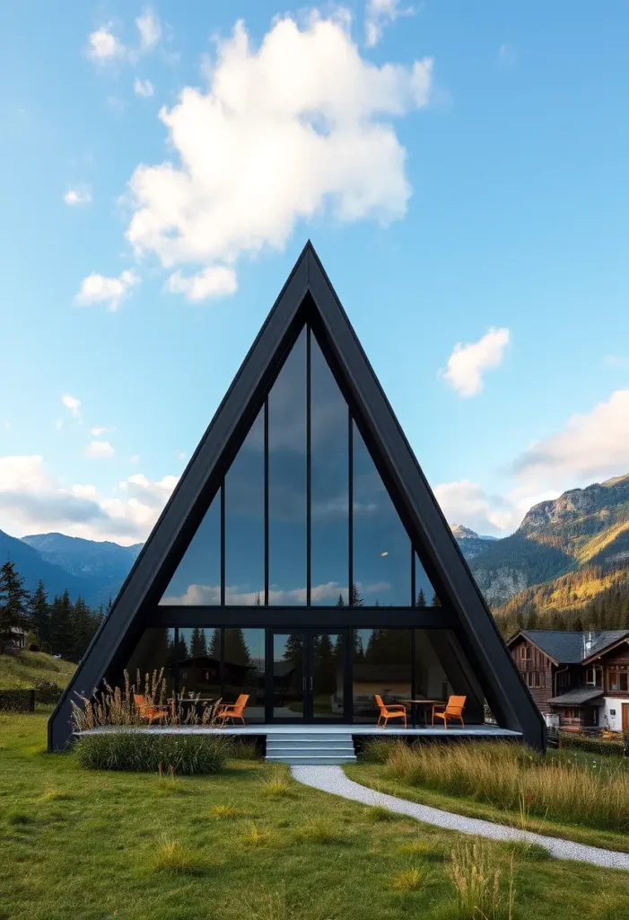 Black A-frame cabin with reflective glass facade, deck seating, and mountain backdrop under a bright blue sky.