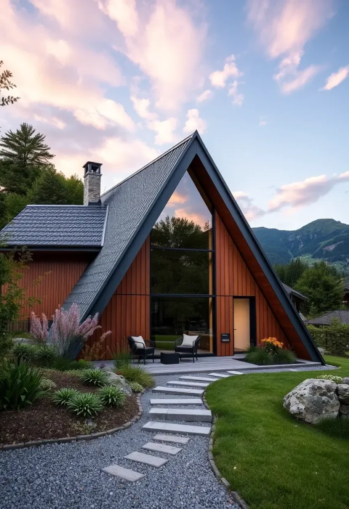 A-frame cabin with wooden exterior, landscaped pathway, and outdoor seating area, set against a mountainous backdrop.