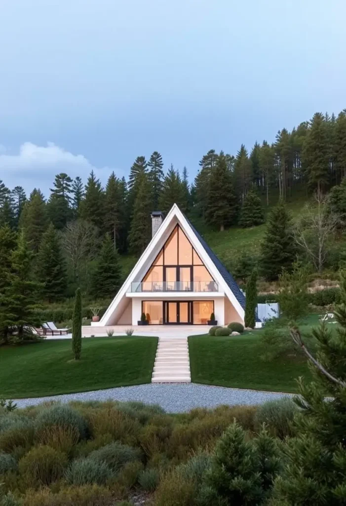 White A-frame cabin with glass balcony, symmetrical design, and a landscaped entryway surrounded by greenery and forest.