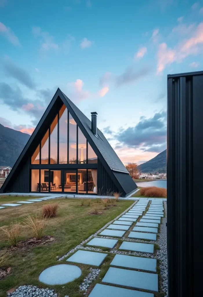 Black A-frame cabin with large glass windows, stepping-stone pathway, and lake backdrop at sunset.