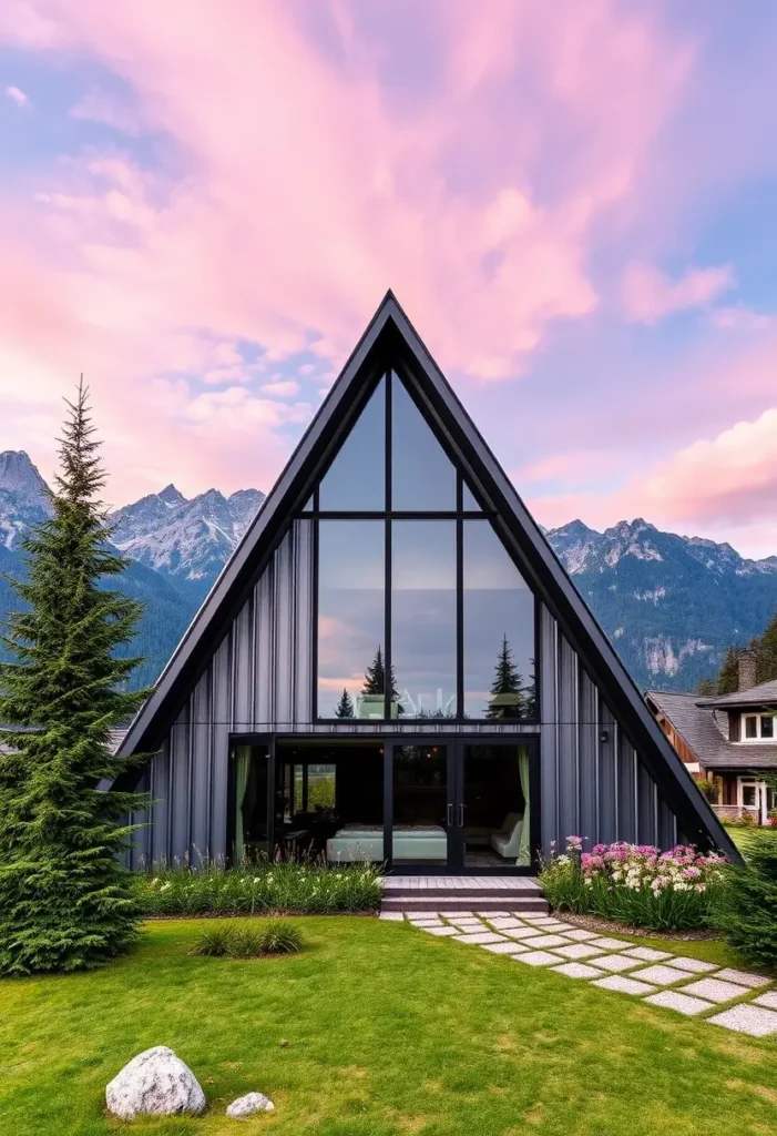 Modern A-frame cabin with large glass windows, garden pathway, and mountain backdrop under a vibrant pink sky.