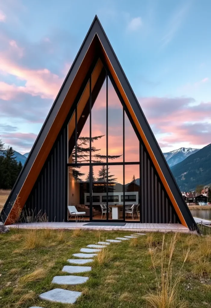 Black A-frame cabin with wood accents, glass facade, stepping-stone pathway, and a lakeside mountain backdrop at sunset.