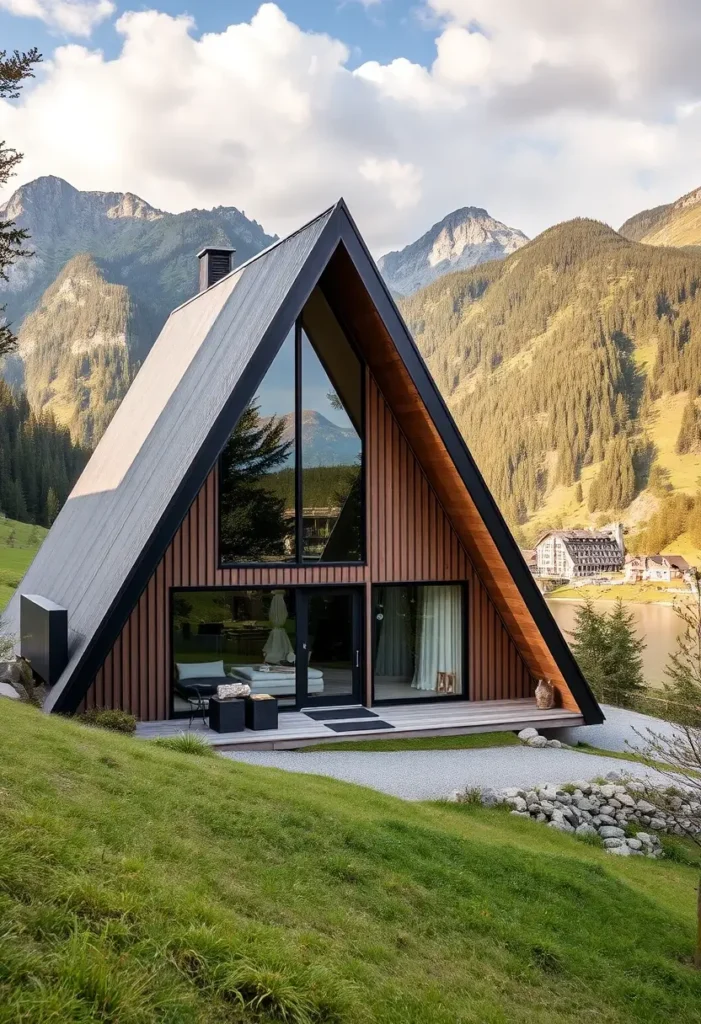 A-frame cabin with wood cladding, black accents, and large glass windows set on a hillside with mountain views.