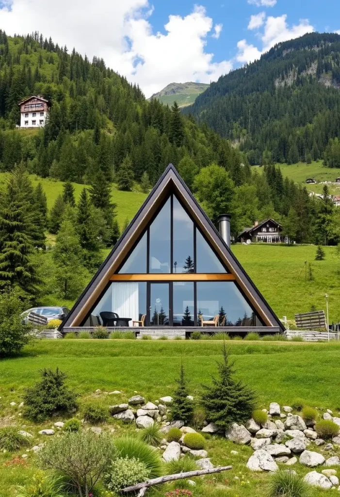 A-frame cabin with glass front, surrounded by lush greenery and mountain hills under a bright blue sky.