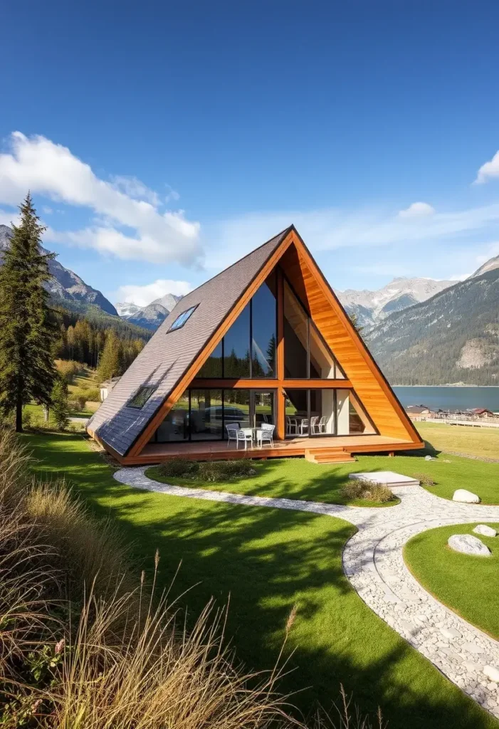 A-frame cabin with wooden exterior, glass walls, stone pathway, and lake backdrop surrounded by mountains.