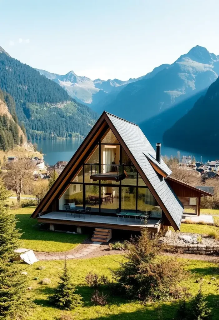 A-frame cabin with glass walls, elevated deck, and panoramic lake and mountain views surrounded by lush greenery.