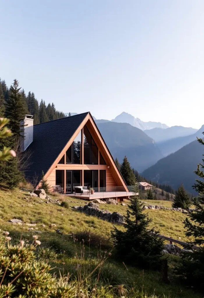  A-frame cabin with wooden facade, glass windows, and a deck overlooking a serene mountainous hillside.