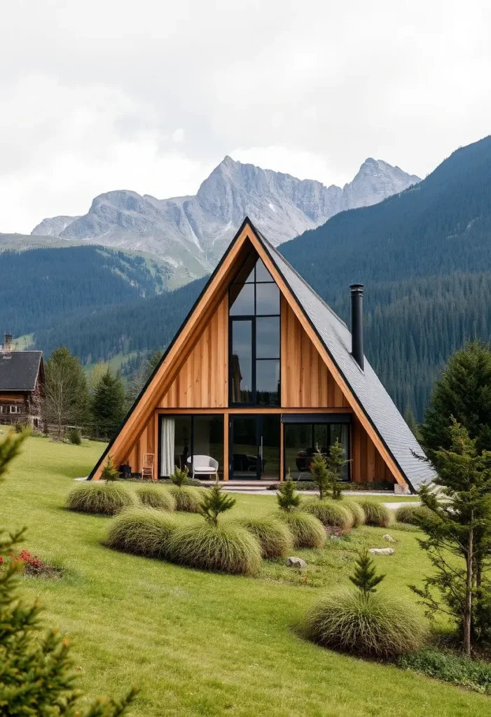 A-frame cabin with wooden exterior, glass facade, and manicured landscaping set against mountain peaks.