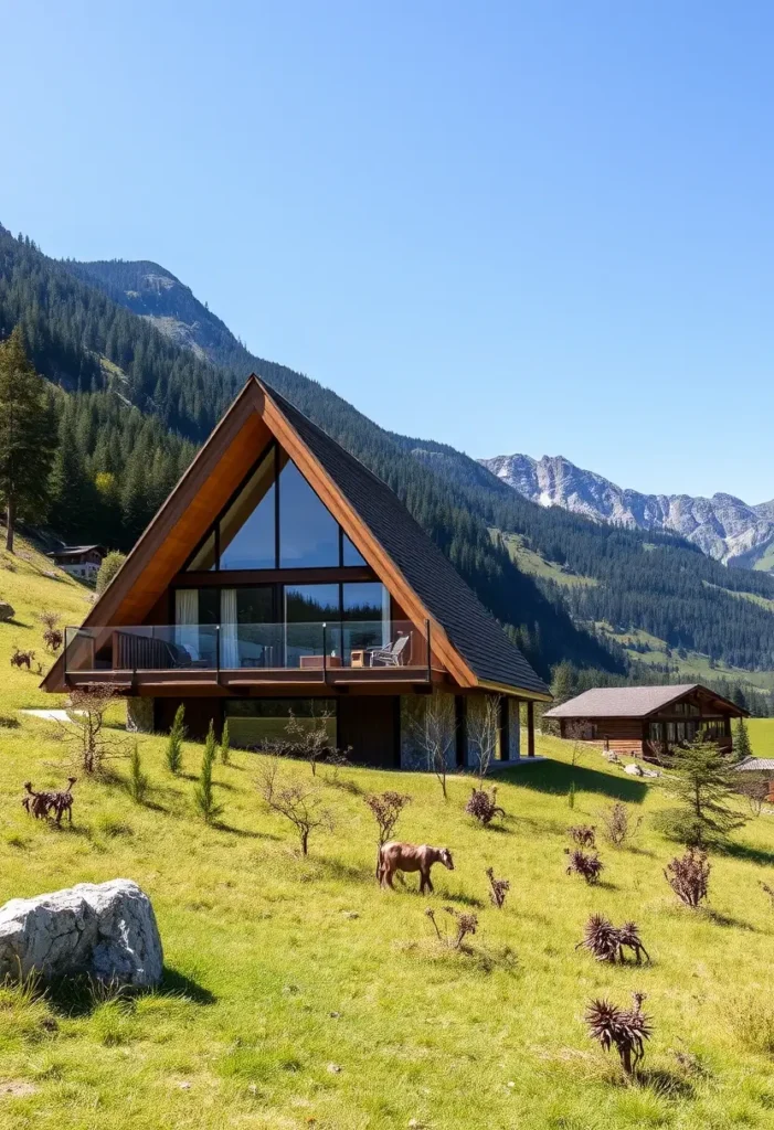 A-frame cabin with wooden facade, open balcony, and mountain views surrounded by green pastures and grazing animals.