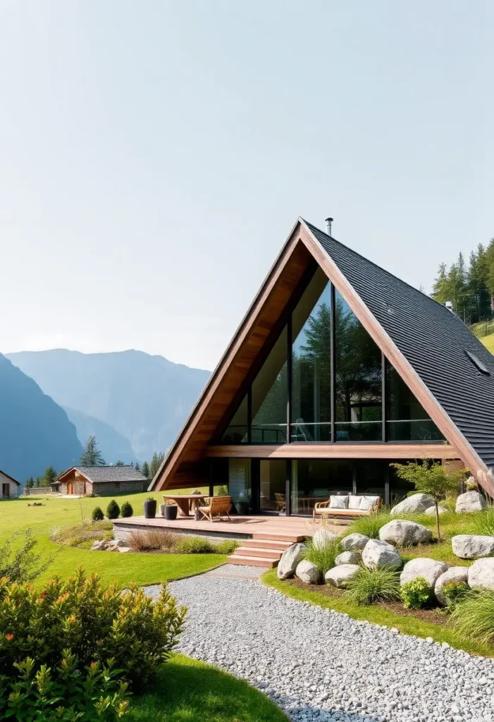 A-frame cabin with wooden facade, glass walls, landscaped gravel pathway, and mountain views.