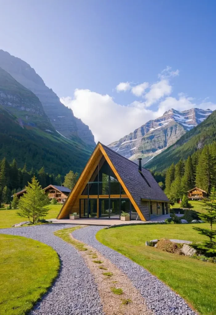 A-frame cabin with wooden exterior, glass windows, and a gravel pathway surrounded by towering mountains and lush greenery.