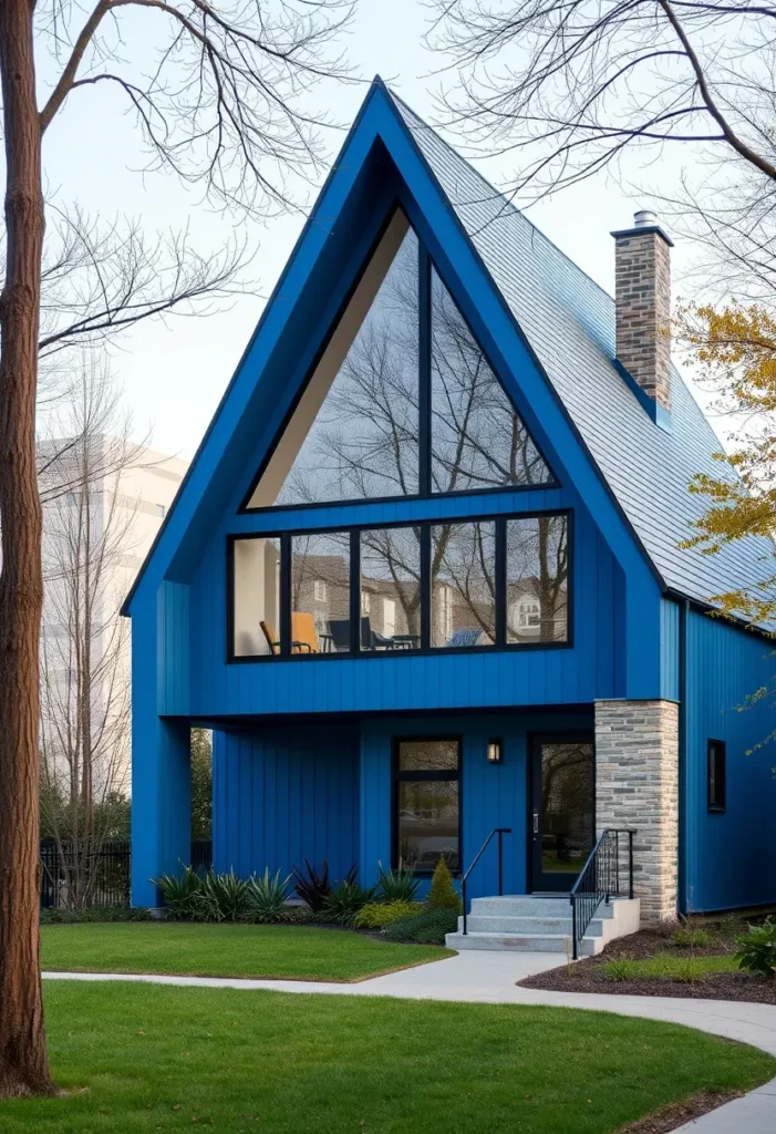 Bright blue A-frame cabin with large glass windows, urban landscaping, and a sleek contemporary design.