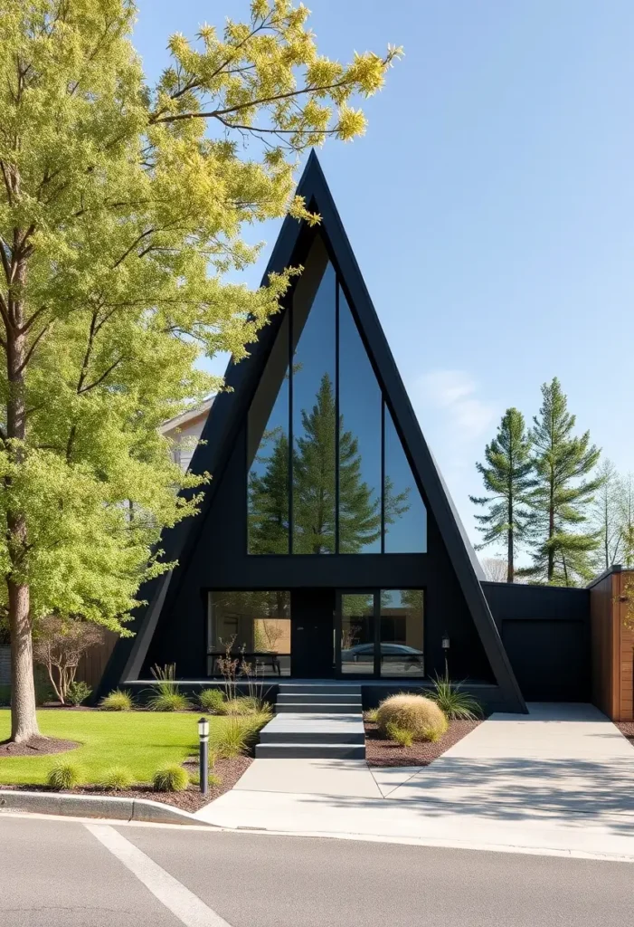 Black A-frame cabin with large glass windows, sleek landscaping, and a suburban backdrop.