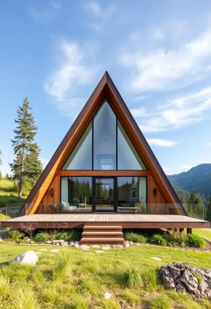 A-frame cabin with wooden exterior, glass facade, and spacious deck surrounded by greenery and mountain views.