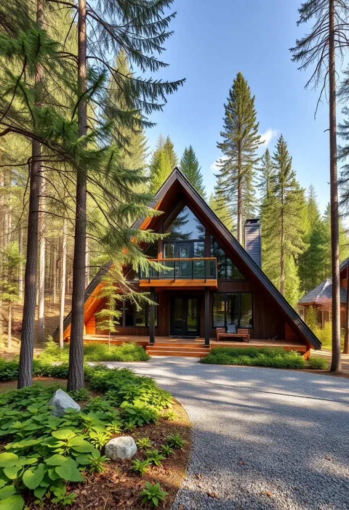 A-frame cabin with dark wood exterior, balcony, and porch, surrounded by pine trees and forest greenery.