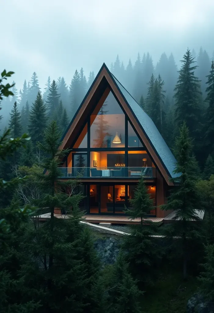 A-frame cabin glowing warmly at night, surrounded by tall pine trees and misty forest in a serene mountain setting.