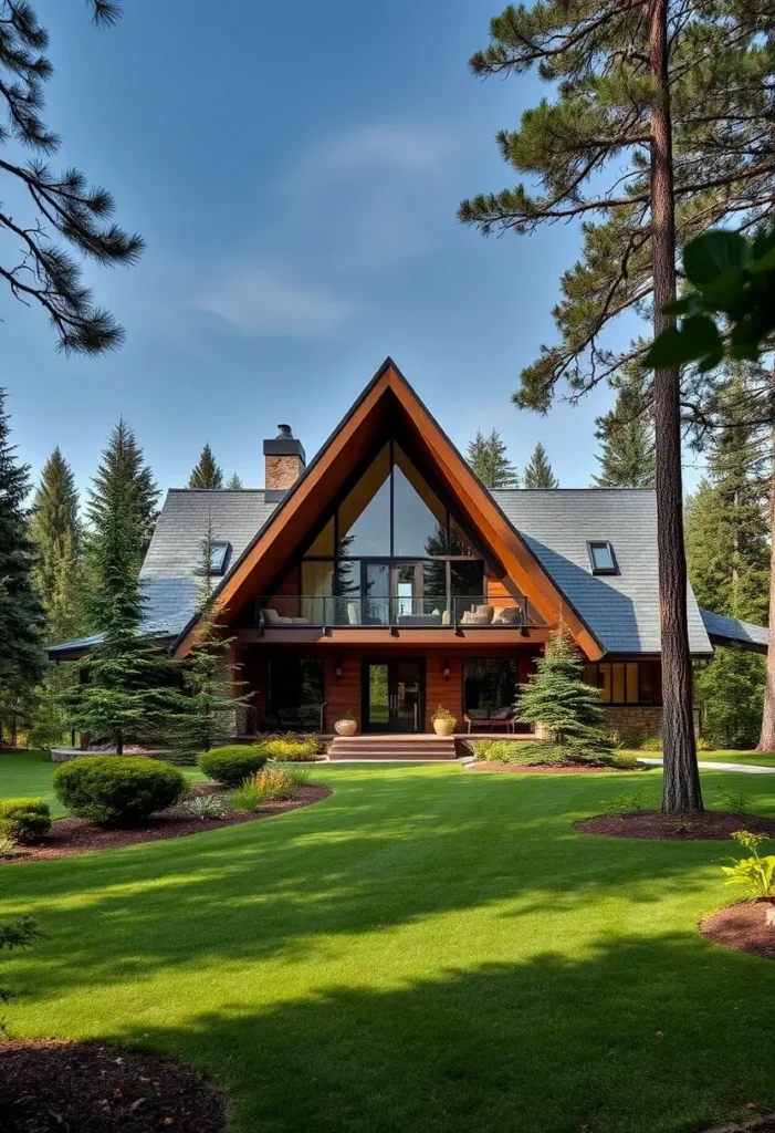 A-frame cabin with large glass windows, a second-floor balcony, and manicured landscaping, surrounded by tall pine trees and a vibrant green lawn.