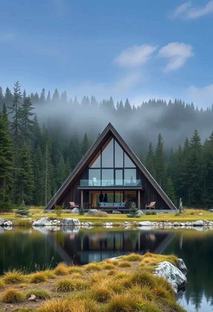 A-frame cabin with a glass facade and balcony overlooking a misty lake, surrounded by evergreen trees and grassy terrain with rocks.