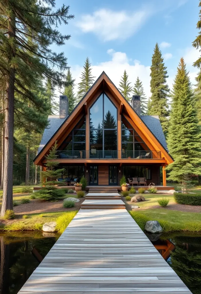 A-frame cabin surrounded by tall pine trees with a wooden boardwalk entrance, large glass windows, and a balcony.