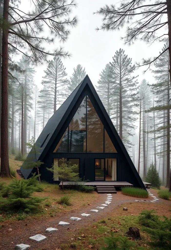 Modern black A-frame cabin surrounded by forest, with a stone pathway leading to the entrance, offering a tranquil escape.