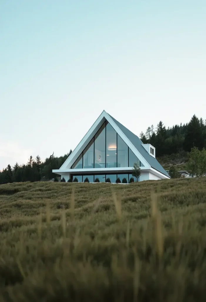 Sleek white A-frame cabin with large glass windows, surrounded by natural landscape, offering a minimalist and tranquil atmosphere.