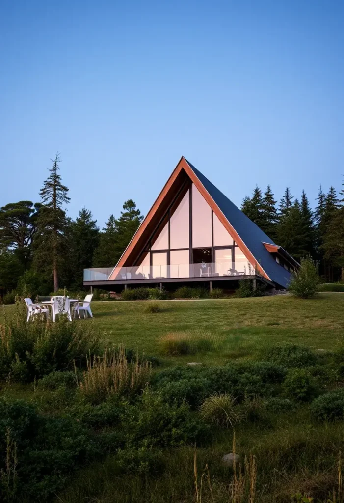 A striking A-frame cabin with large windows, surrounded by greenery and a peaceful outdoor seating area. Ideal for a serene getaway.