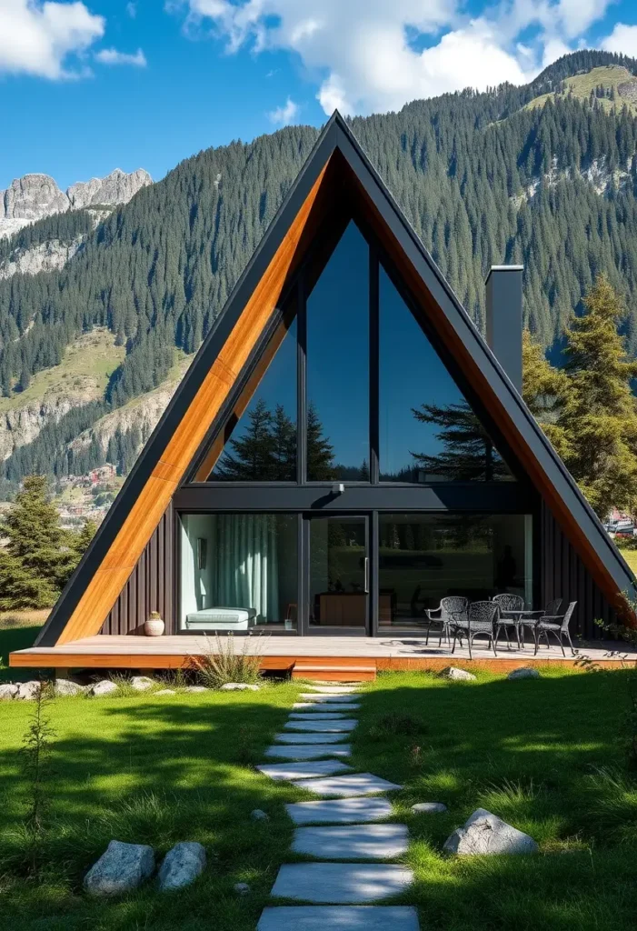 A contemporary A-frame cabin with large windows, offering spectacular mountain views. Includes a cozy outdoor seating area and a stone pathway leading up to the cabin.