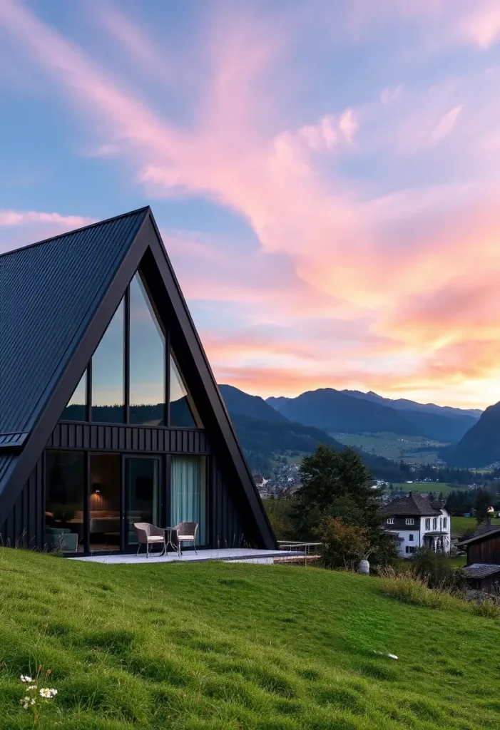 A sleek A-frame cabin with large windows, set against a scenic sunset backdrop. A-Frame Cabins