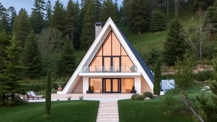 White A-frame cabin with glass balcony, symmetrical design, and a landscaped entryway surrounded by greenery and forest.