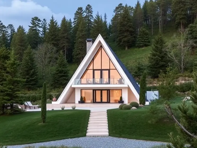 White A-frame cabin with glass balcony, symmetrical design, and a landscaped entryway surrounded by greenery and forest.