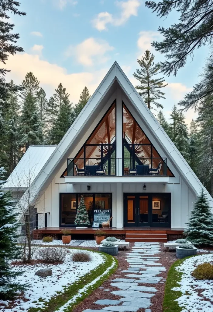 Modern white A-frame cabin with black accents, large glass windows, and a snow-covered landscape.