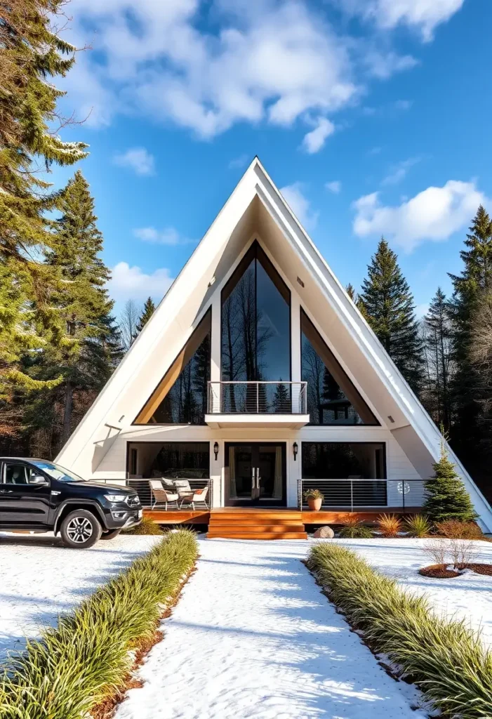 Modern white A-frame cabin with floor-to-ceiling glass windows, a balcony, and a landscaped snowy pathway.