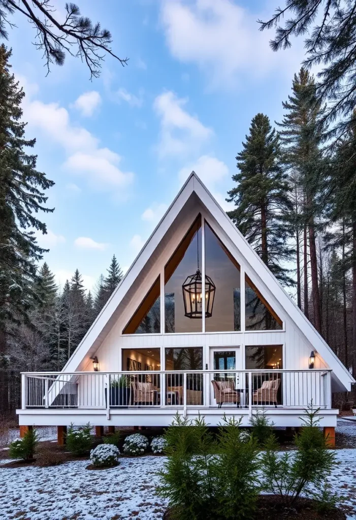 White A-frame cabin with large windows, a wraparound deck, and a modern lantern hanging inside.