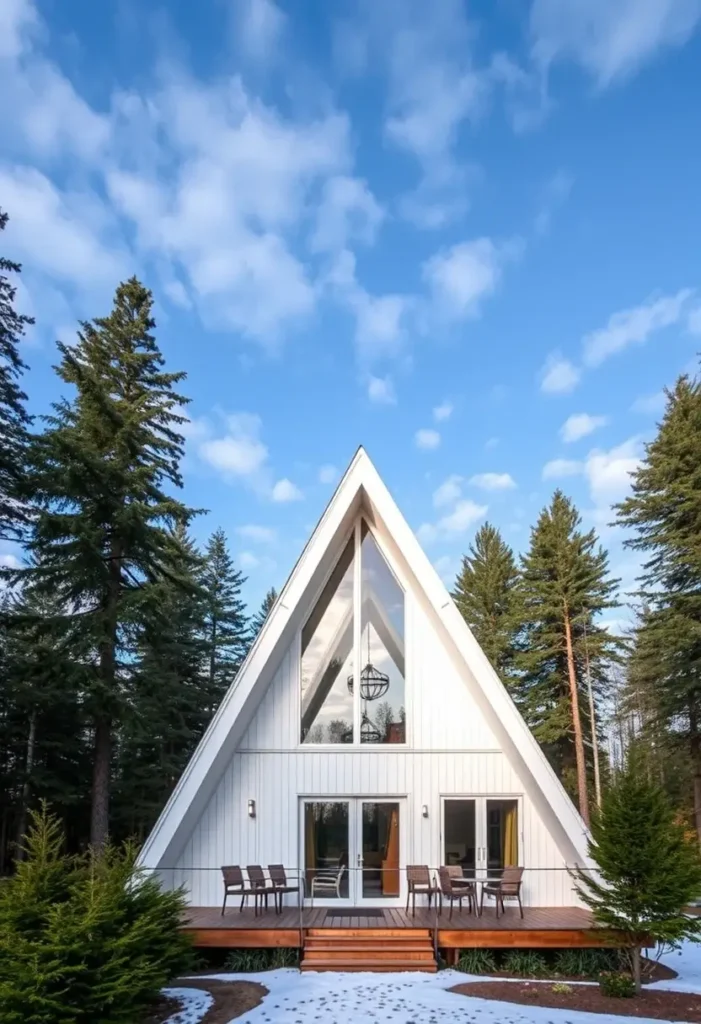 White A-frame cabin with large windows, a wooden deck, and an open-air seating area in a forest setting.