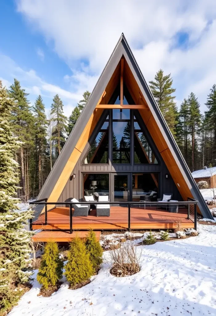 Black A-frame cabin with wood accents, large glass windows, and an elevated deck in a snowy forest setting.