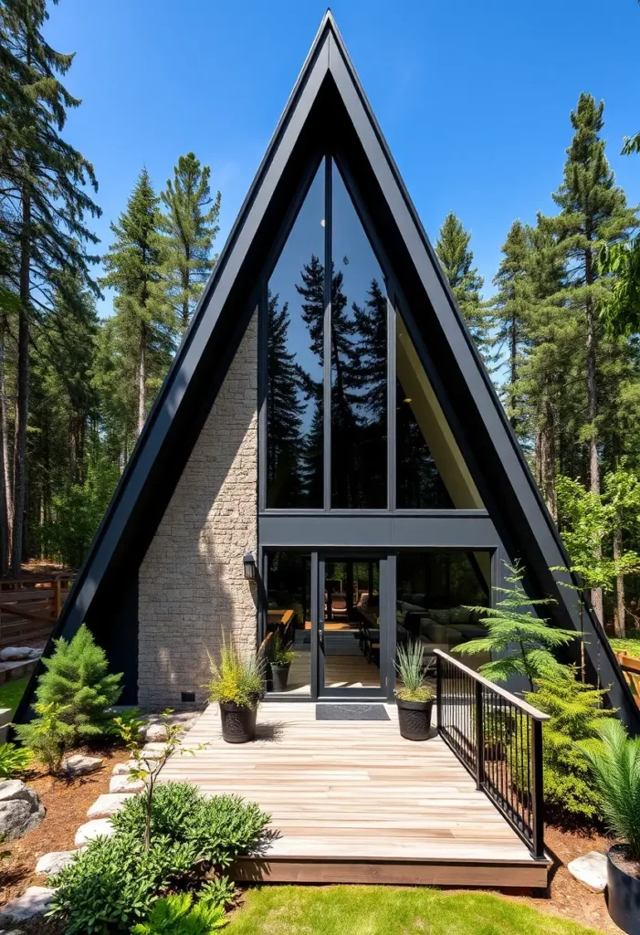 Black A-frame cabin with a stone accent wall, large glass windows, and a wooden deck surrounded by greenery.