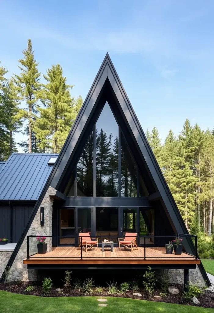 Black A-frame cabin with stone accents, large glass windows, and a wooden deck featuring outdoor seating.