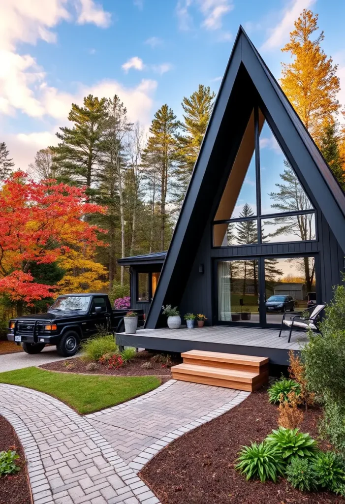 Black A-frame cabin with large glass windows, a wooden deck, and a landscaped walkway set against autumn foliage.