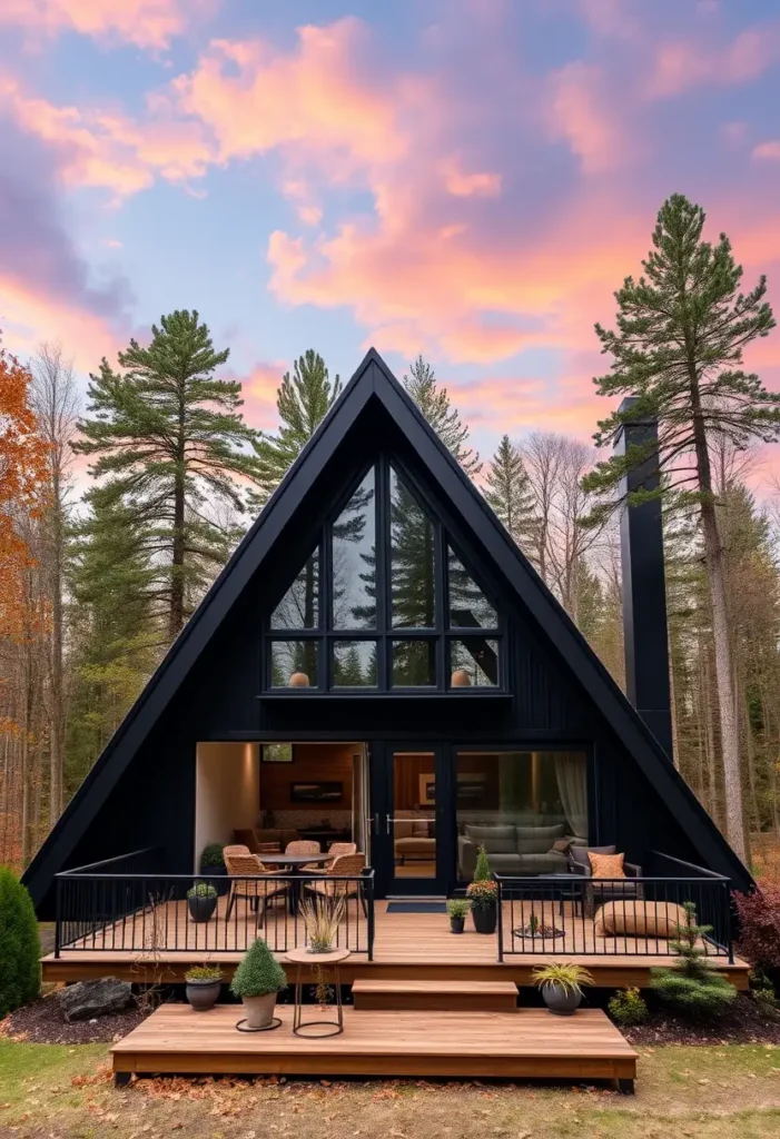 Black A-frame cabin with a tiered wooden deck, warm interior lighting, and a scenic sunset sky.