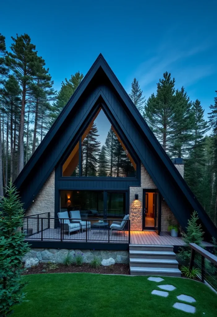 Black A-frame cabin with warm interior lighting, a wooden deck, and modern outdoor seating set in a forest at twilight.