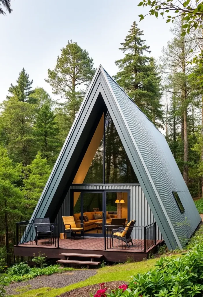 Modern steel-clad A-frame cabin with an open-air lounge, large glass windows, and a cozy forest setting.