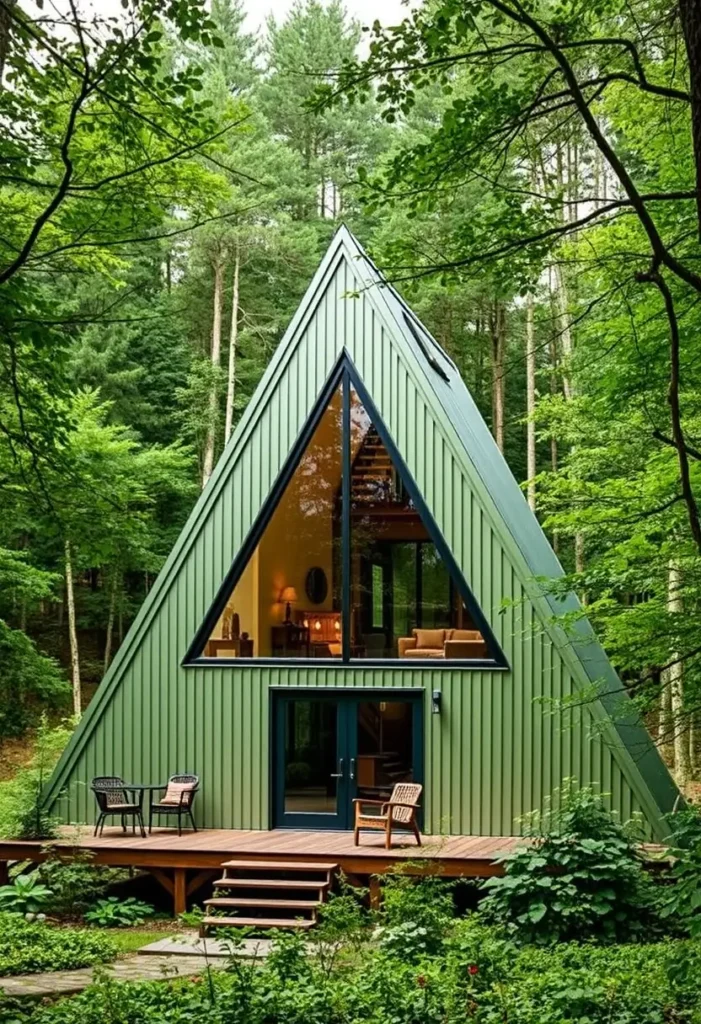 Green A-frame cabin with large glass windows, a wooden deck, and a forest setting surrounded by greenery.