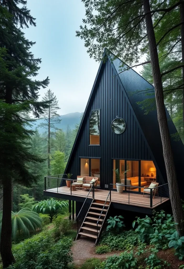 Black A-frame cabin with an elevated wooden deck, large glass windows, and a forested mountain backdrop.