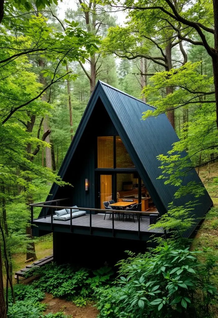 Black A-frame cabin with an elevated deck, large windows, and a lush green forest backdrop.