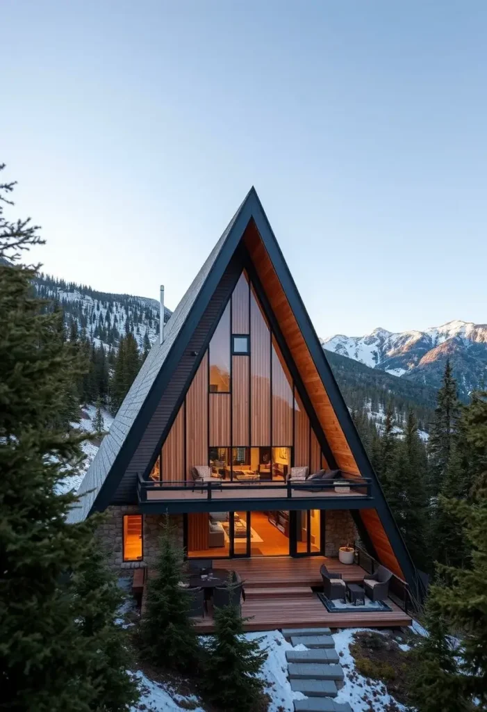 A-frame cabin with wood paneling, black accents, large glass windows, and a mountain backdrop.