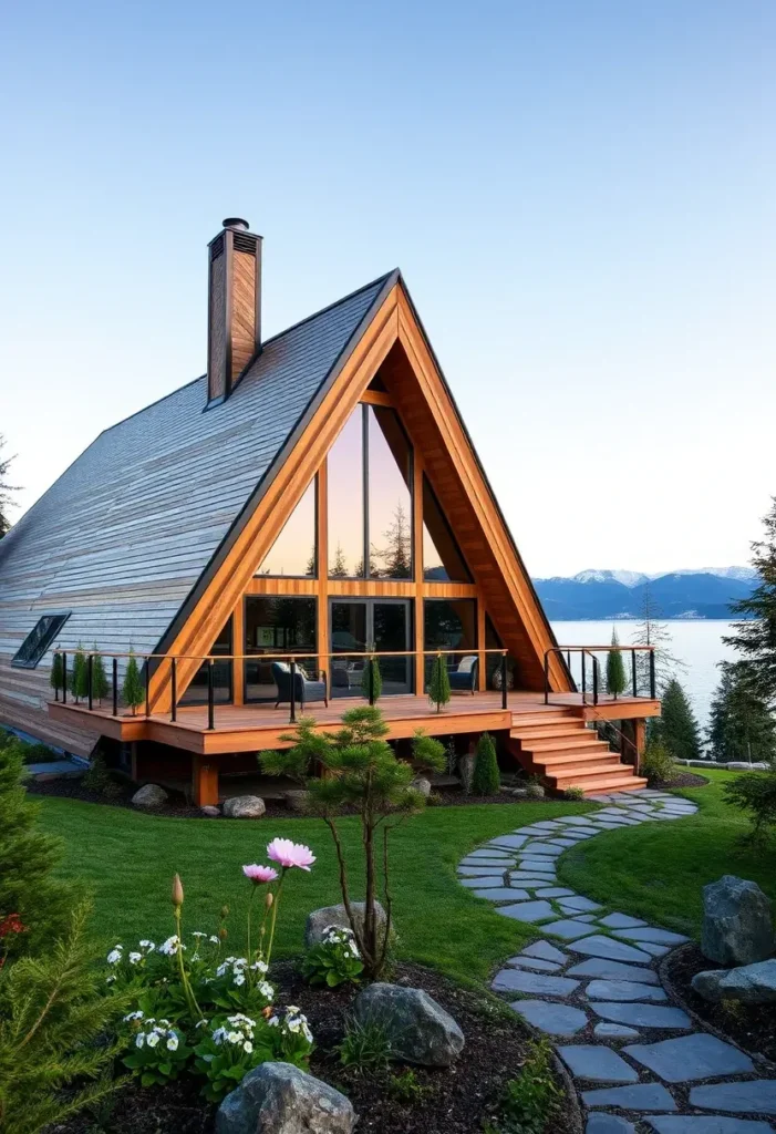 Wooden A-frame cabin with large glass windows, a wraparound deck, and a scenic lakefront backdrop.