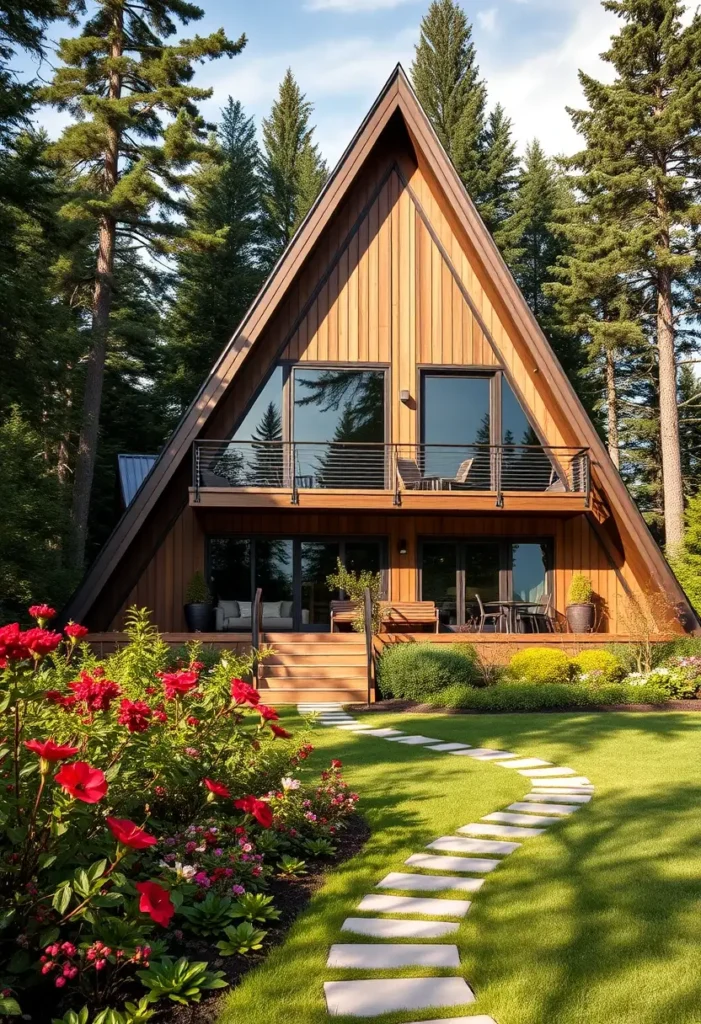 Wooden A-frame cabin with large windows, a two-level deck, and a lush landscaped garden pathway.