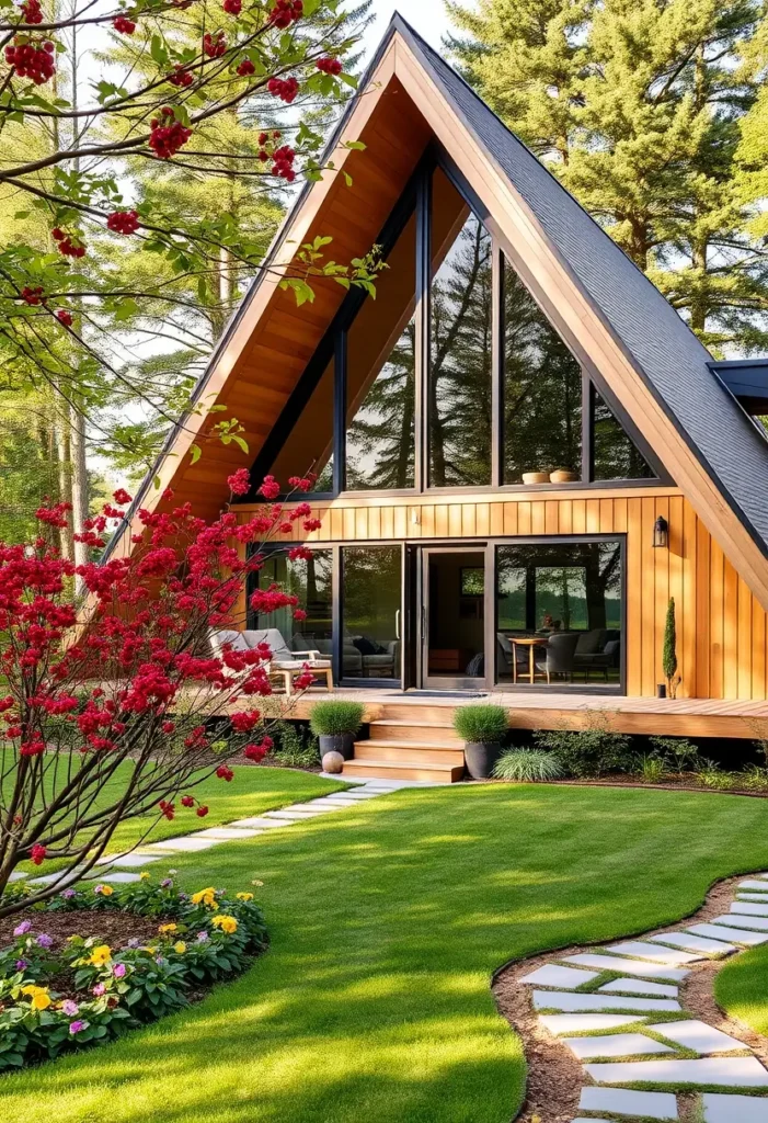 Wooden A-frame cabin with large glass windows, a cozy deck, and a landscaped garden with blooming flowers.