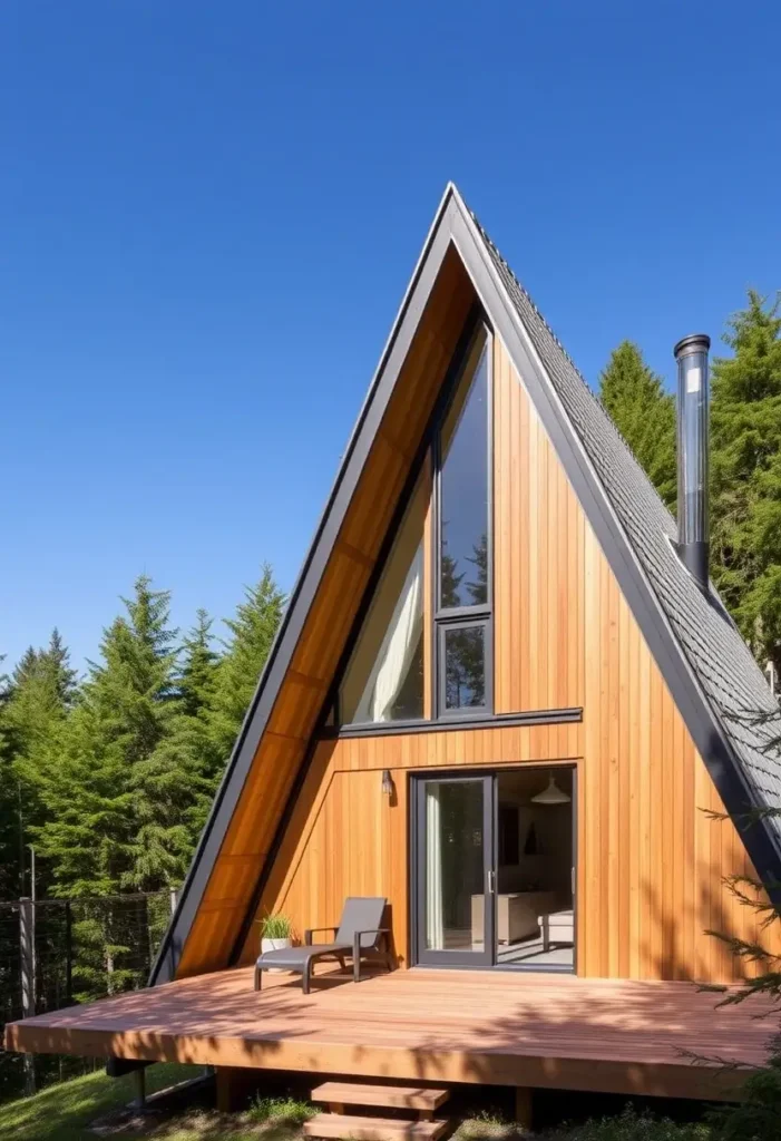 Minimalist wooden A-frame cabin with black trim, large windows, and an open deck surrounded by greenery.