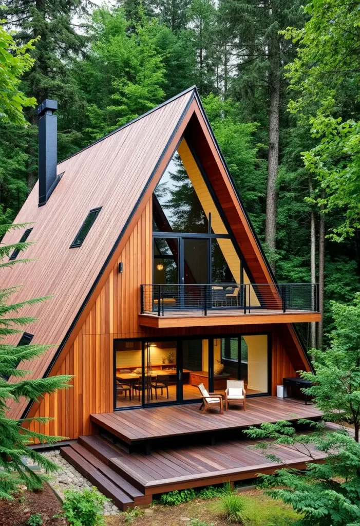 Modern A-frame cabin with cedar siding, large windows, and a multi-level deck surrounded by lush greenery.